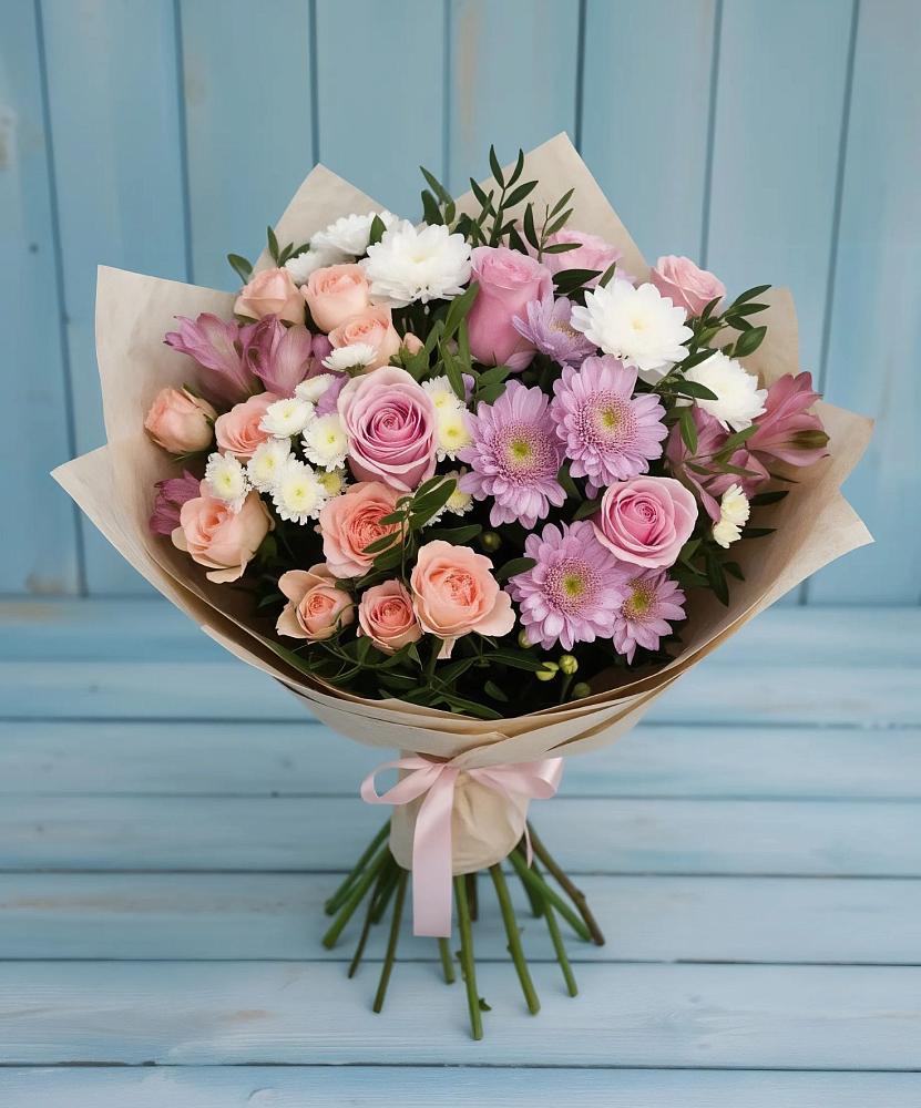 Букет цветов из: Хризантемы, Розы и Альстромерии в Нижнезольском
