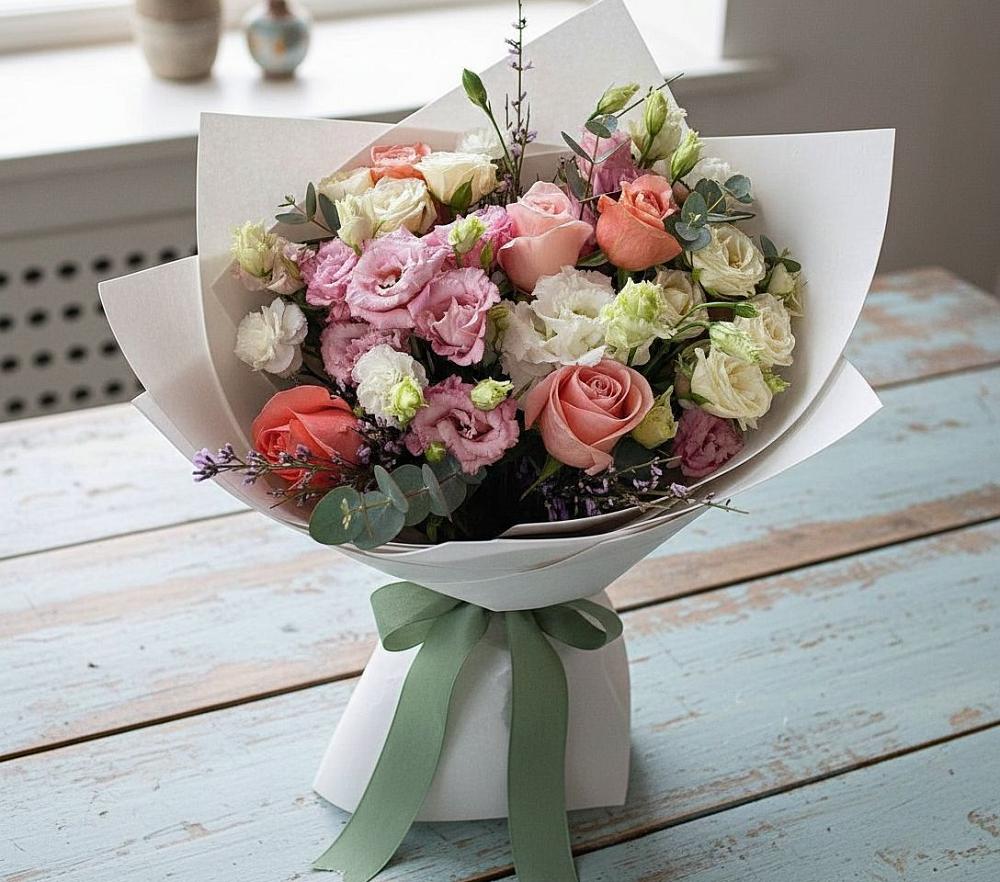 Букет цветов из: Розы, Лизиантусы и Гвоздики в Нижнезольском