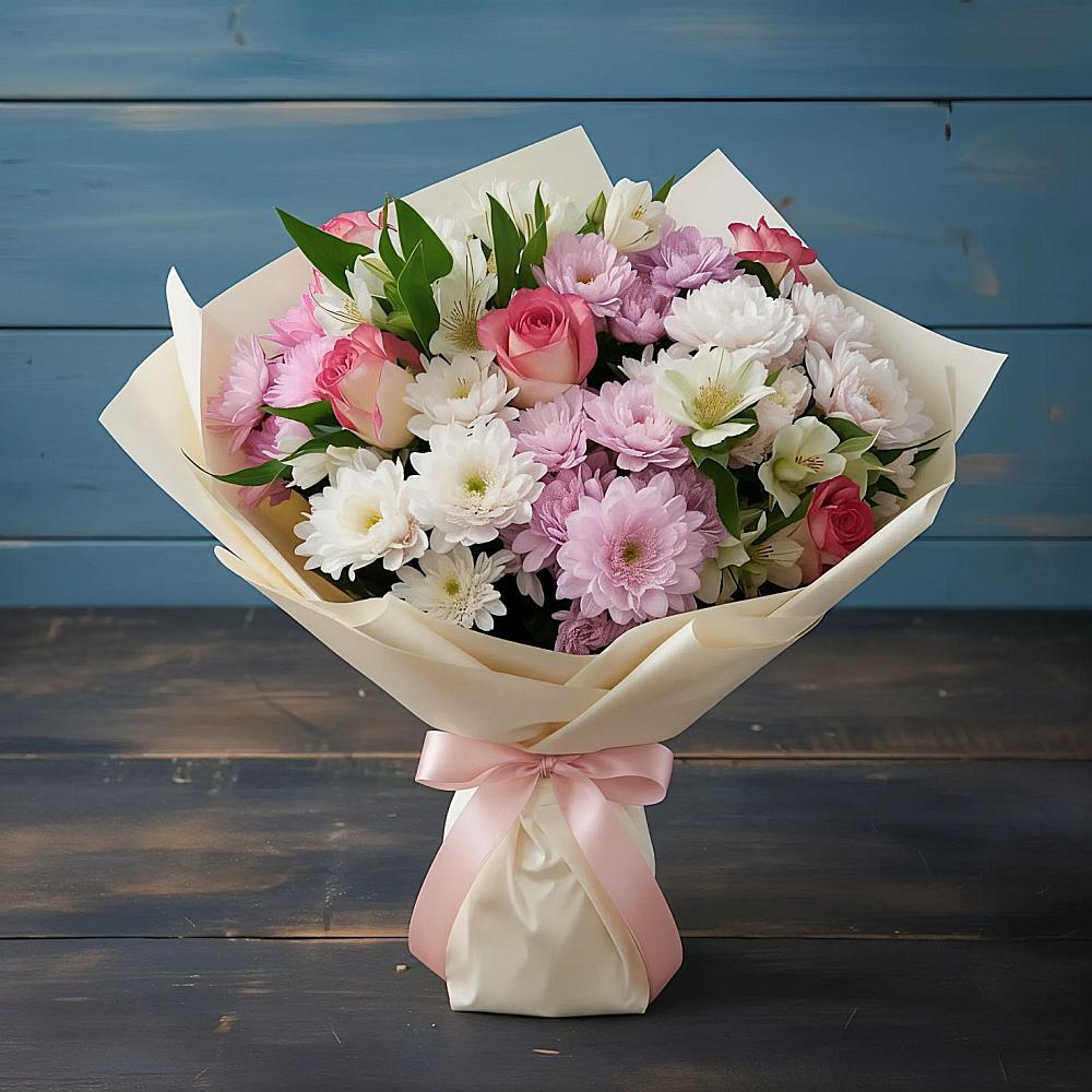 Букет цветов из: Хризантемы, Альстромерии и Розы в Нижнезольском